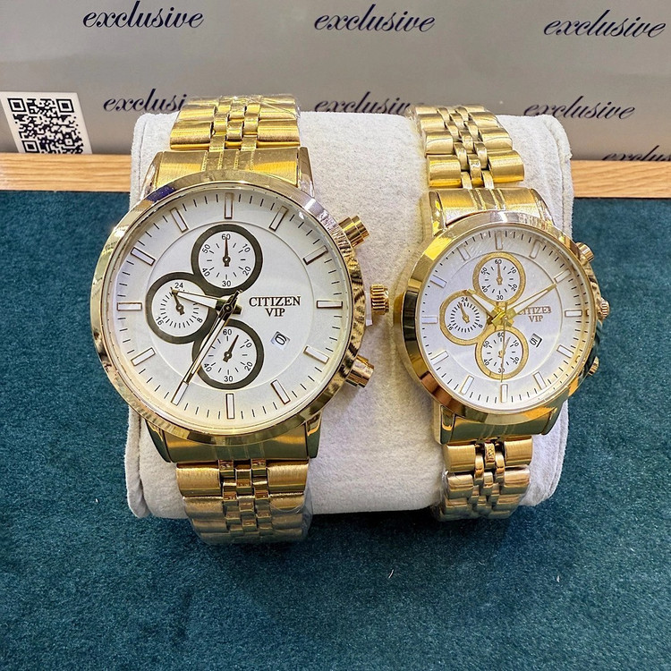 تصویر ست ساعت مچی مردانه زنانه طلایی با بند فلزی