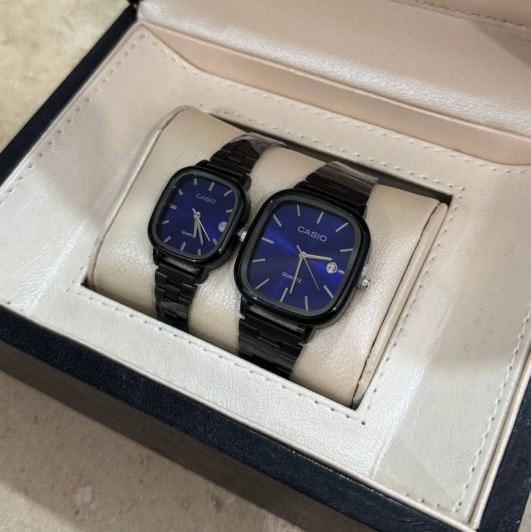 ست ساعت مچی کاسیو Casio زنانه و مردانه بند استیل مشکی صفحه آبی