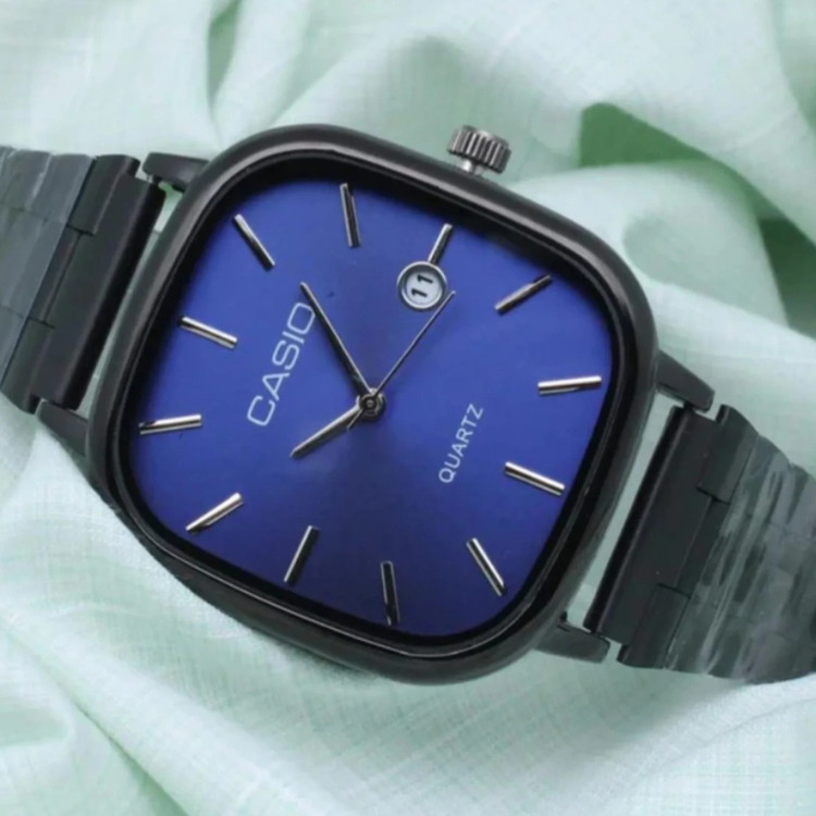 مدل کلاسیک ساعت ست Casio با بند فلزی مشکی و صفحه آبی