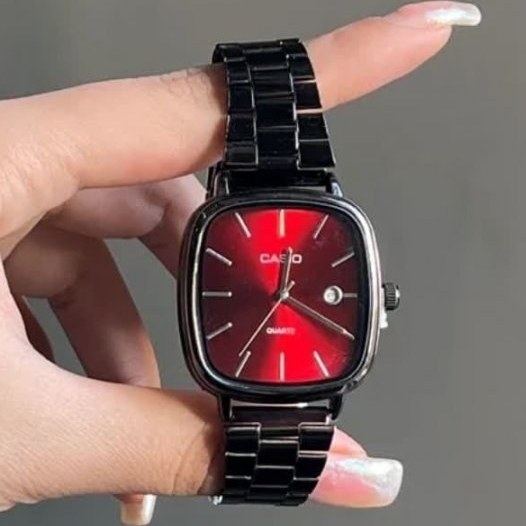 ست ساعت مچی زنانه و مردانه کاسیو Casio با صفحه قرمز و بند استیل مشکی