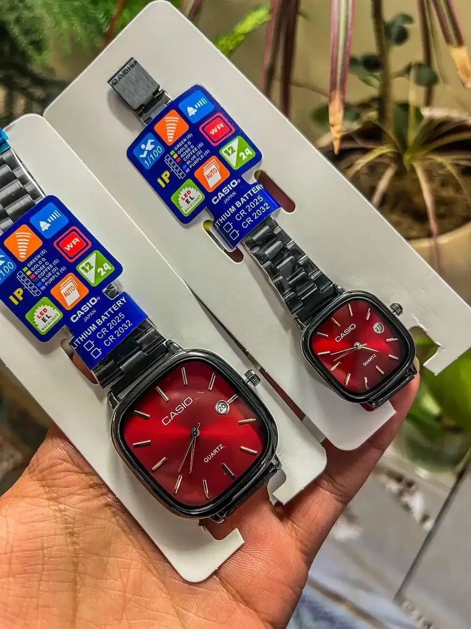 ست ساعت مچی زنانه و مردانه کاسیو Casio با صفحه قرمز و بند استیل مشکی
