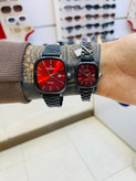 ست ساعت مچی زنانه و مردانه کاسیو Casio با صفحه قرمز و بند استیل مشکی