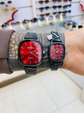 ست ساعت مچی زنانه و مردانه کاسیو Casio با صفحه قرمز و بند استیل مشکی